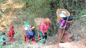 Women and children carry water several times a day.